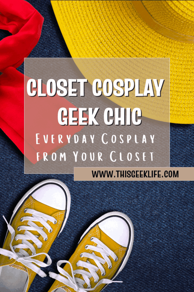 closet cosplay geek chic post pin with jeans, a yellow straw hat, yellow converse, and a red scarf, this geek life blog