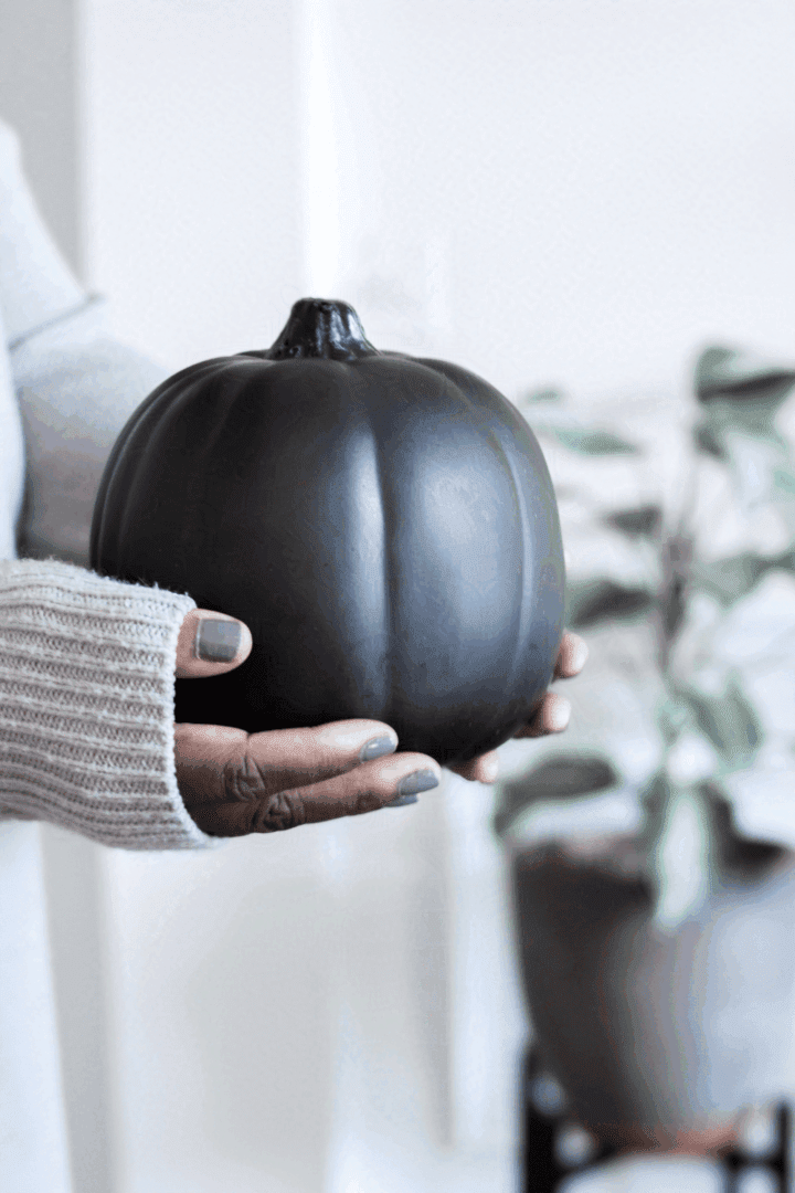 Fern the Geek holding a black pumpkin for fall decor, this geek life blog