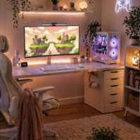 Building Games to Play Instead of Sims 4, A gaming room setup for cozy building games from This Geek Life Blog
