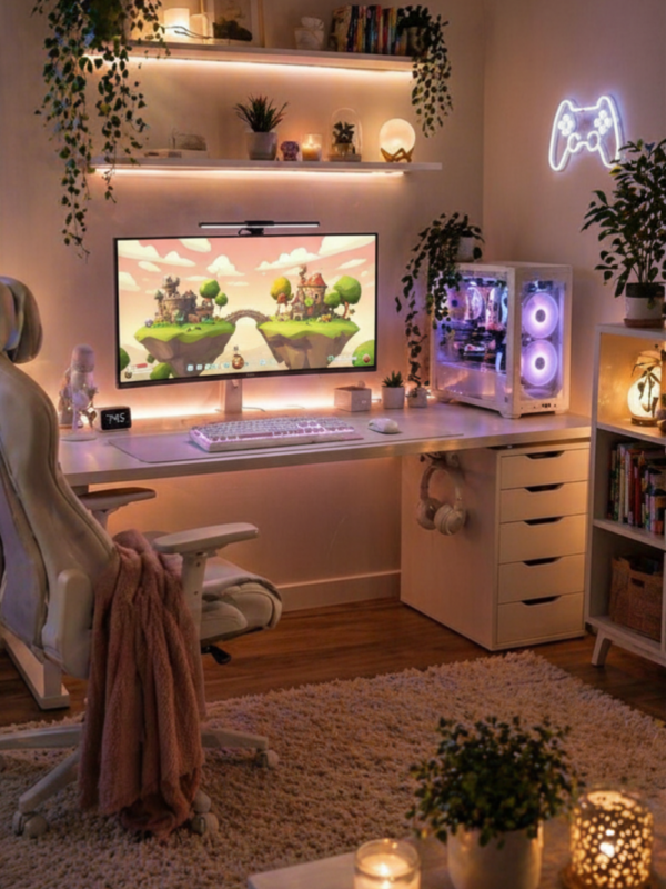Building Games to Play Instead of Sims 4, A gaming room setup for cozy building games from This Geek Life Blog