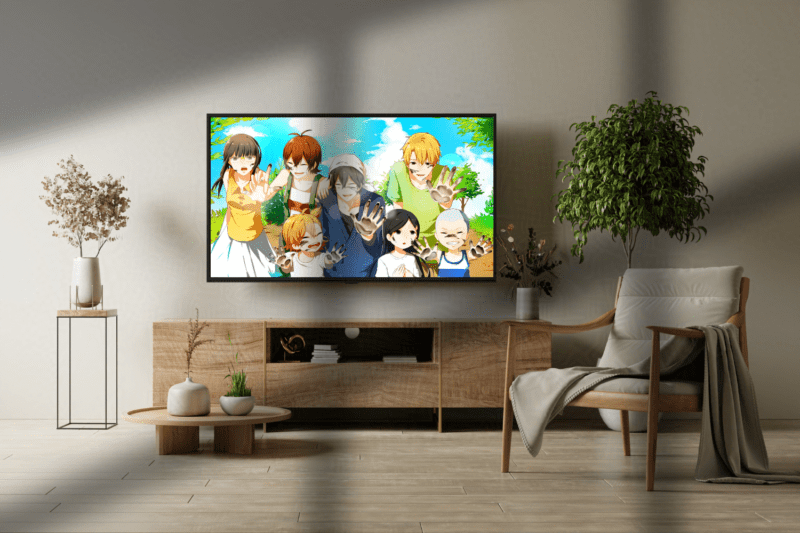 A cozy living room television with Barakamon playing on This Geek Life Blog.