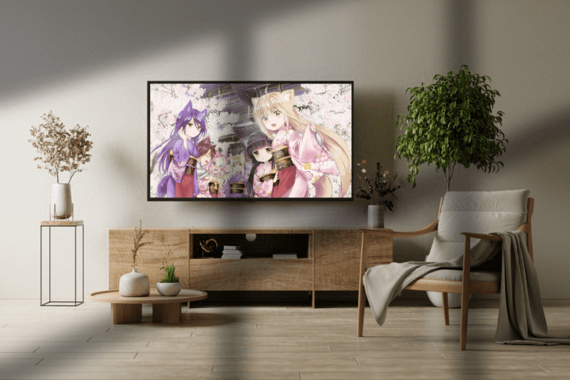 A cozy living room television with Konohana Kitan playing on This Geek Life Blog.