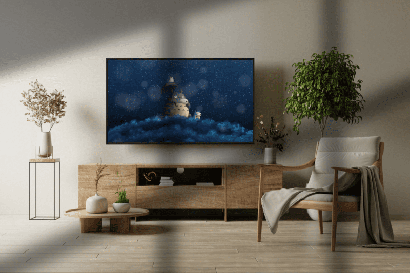 A cozy living room television with My Neighbor Totoro playing on This Geek Life Blog.