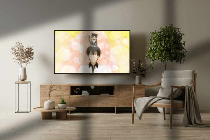 A cozy living room television with My Roommate is a Cat playing on This Geek Life Blog.