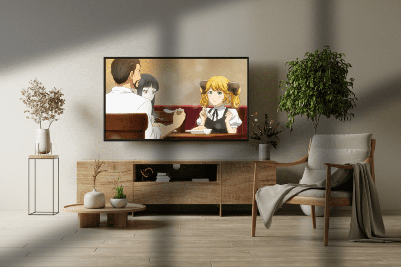 A cozy living room television with Restaurant to Another World playing on This Geek Life Blog.