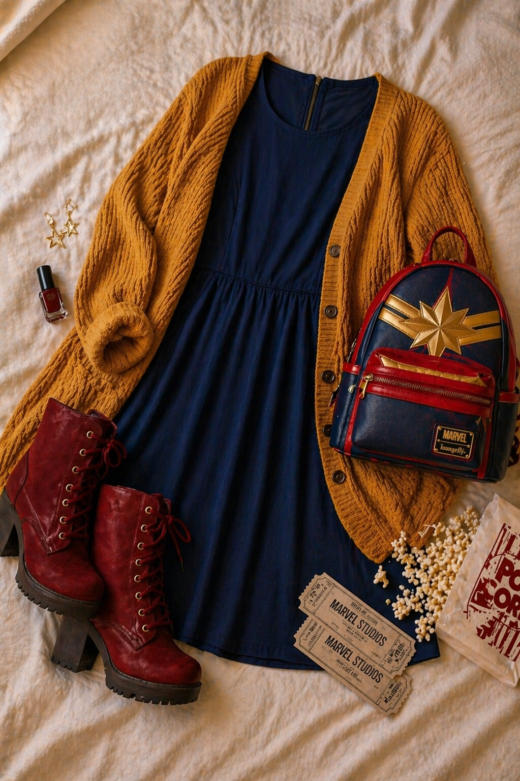 Geek Movie Date Night OOTD flatlay, The Marvels movie inspired outfit from This Geek Life Blog