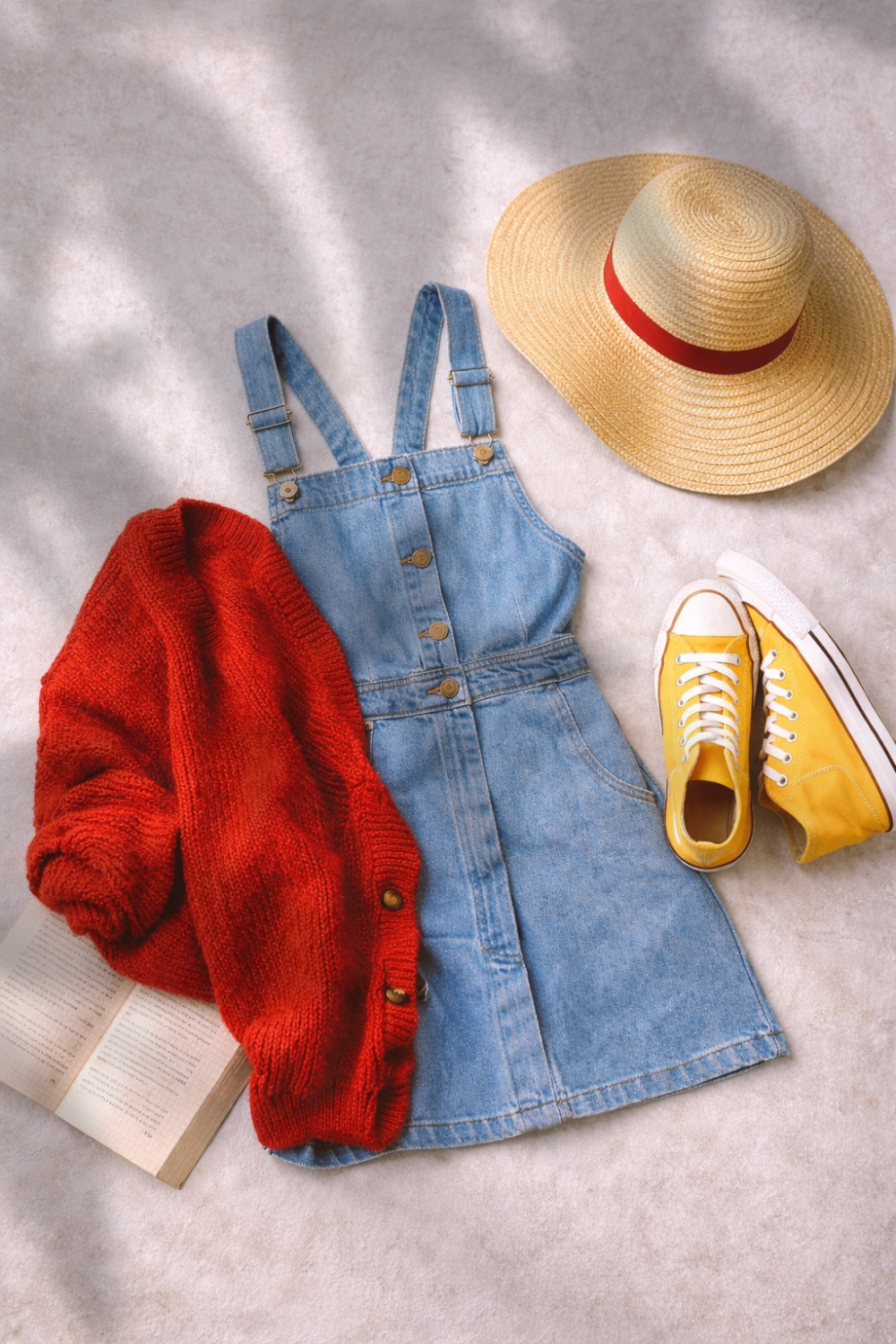 Luffy Inspired Closet Cosplay - blue denim dress, red cardigan, yellow sneakers, straw beach hat - from This Geek Life Blog