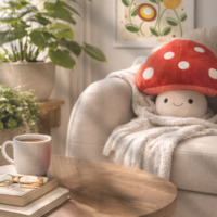 A brighter lighter living room with inspired Mario wall art and a mushroom plushie for a summer home refresh, This Geek Life Blog