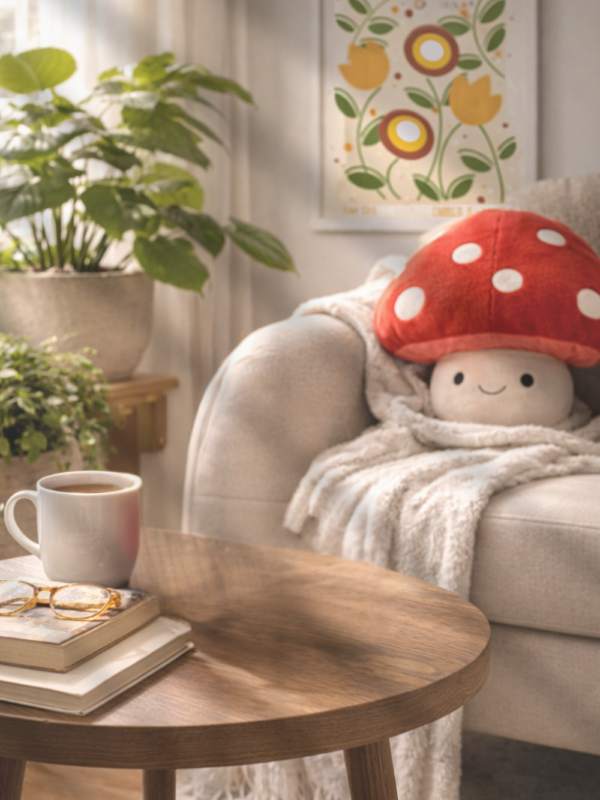 A brighter lighter living room with inspired Mario wall art and a mushroom plushie for a summer home refresh, This Geek Life Blog