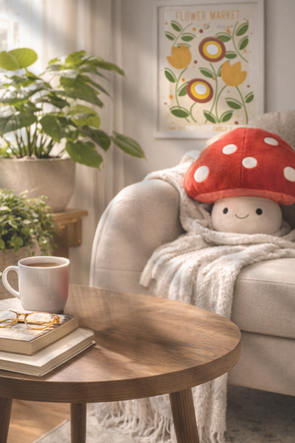 A brighter lighter living room with inspired Mario wall art and a mushroom plushie for a summer home refresh, This Geek Life Blog
