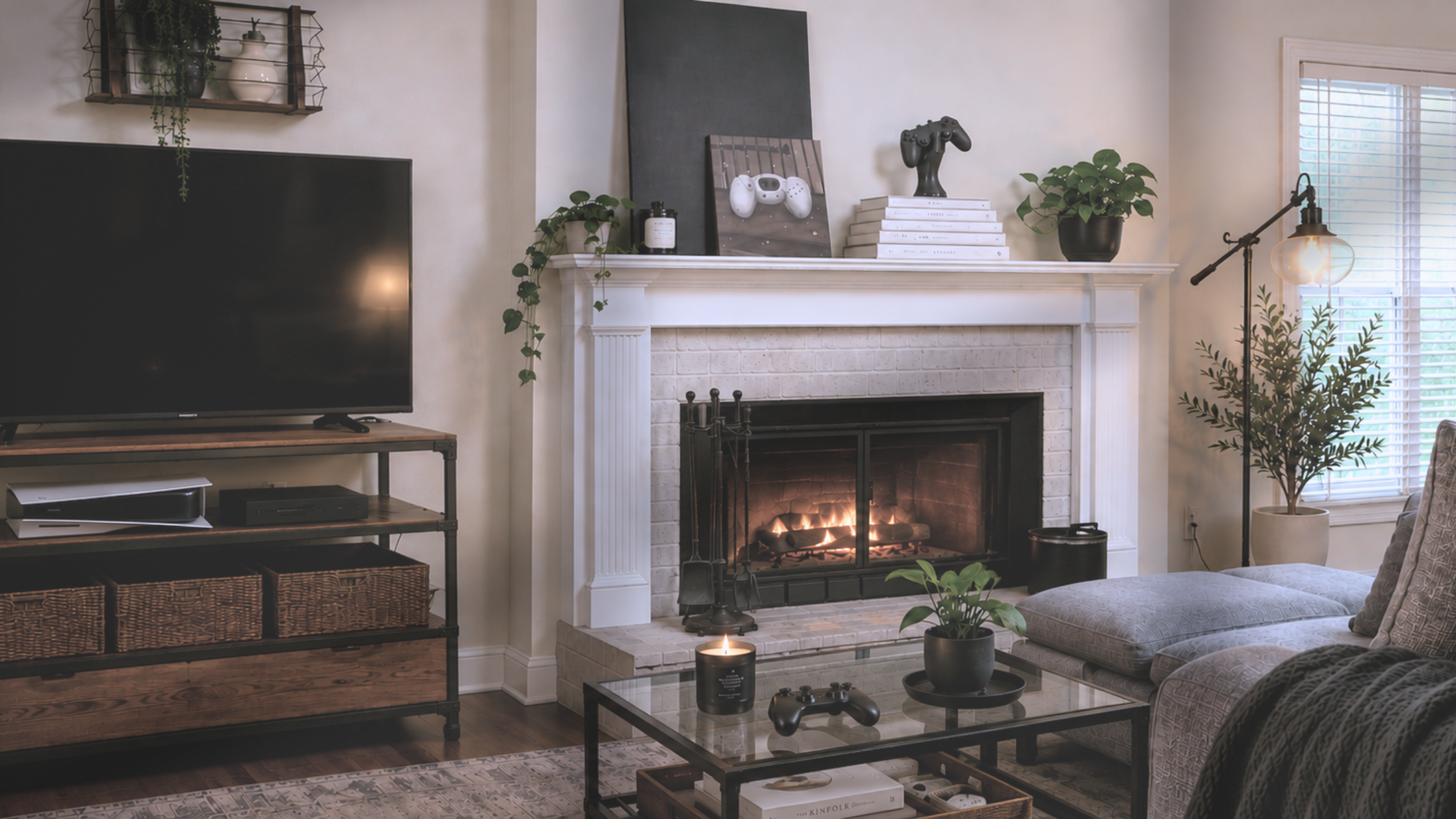 A home image with a fireplace and gaming inspired decor, This Geek Life blog