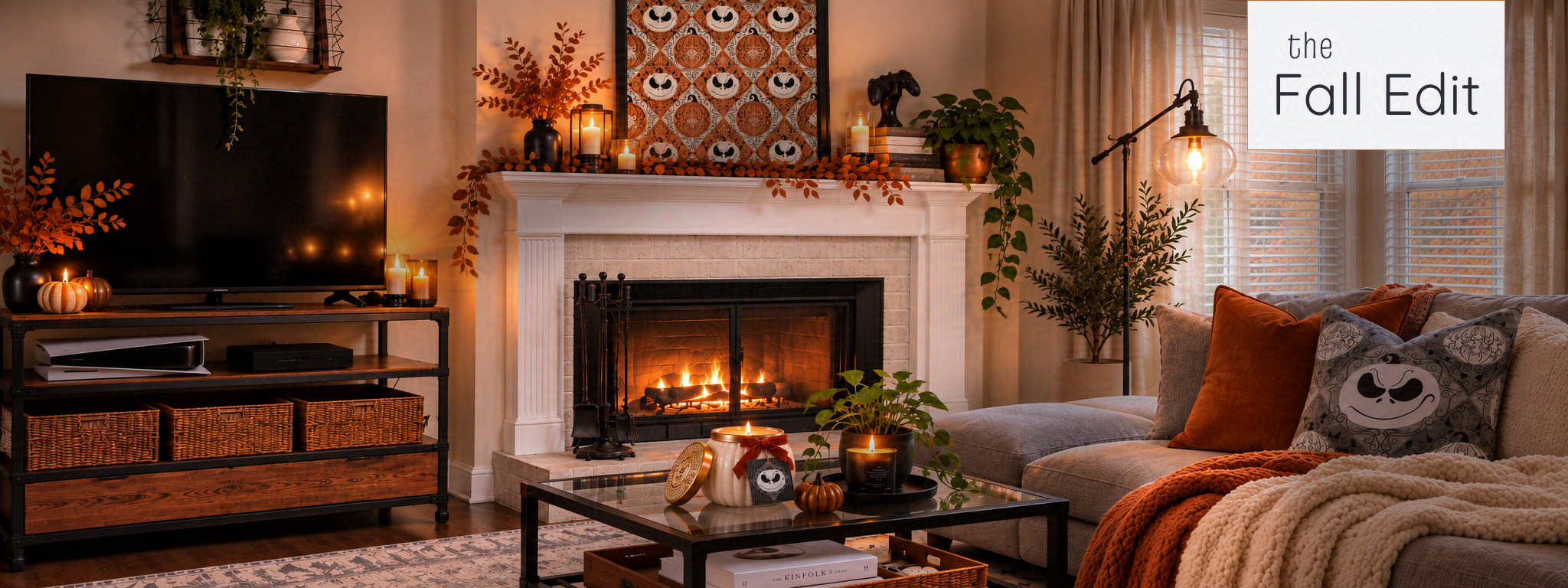 A fall living room scene inspired by my home with fandom-inspired decor that can be found in my shop, This Geek Life Blog and Shop