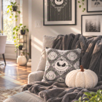 Cozy Modern Fall living room with nightmare before christmas inspired decor