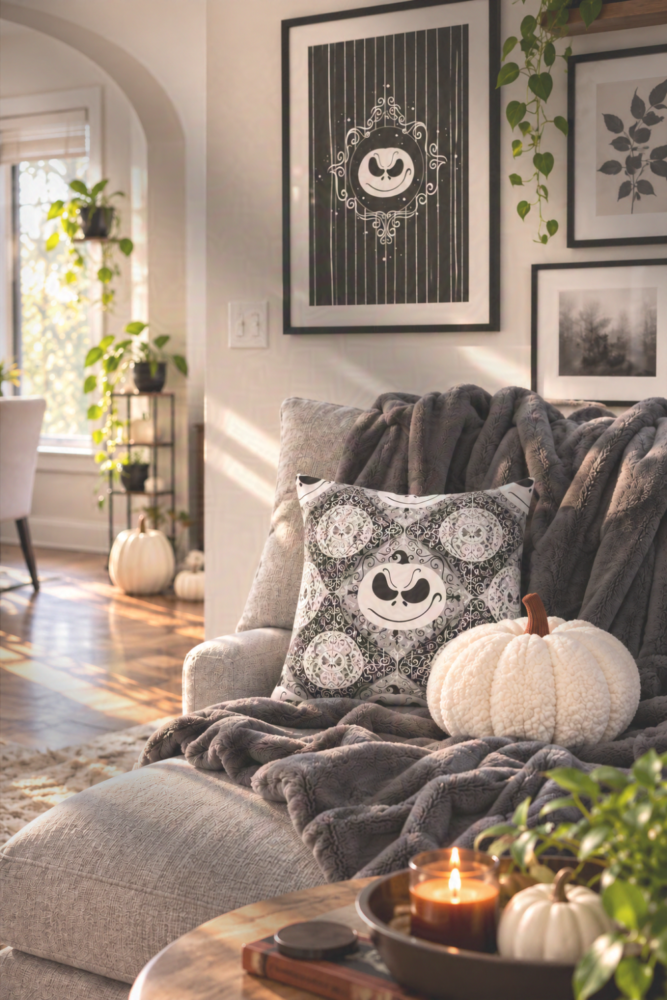 Cozy Modern Fall living room with nightmare before christmas inspired decor