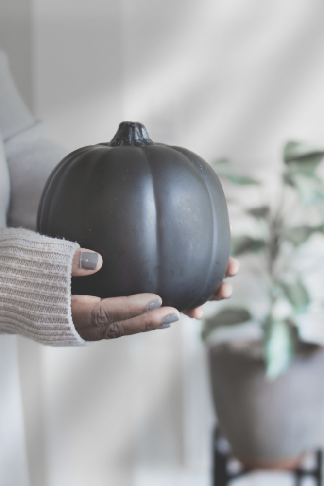 Fern the Geek holding a black pumpkin for fall decor, this geek life blog