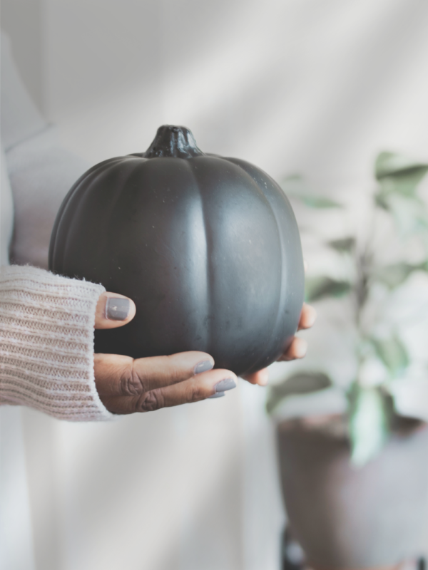 Fern the Geek holding a black pumpkin for fall decor, this geek life blog