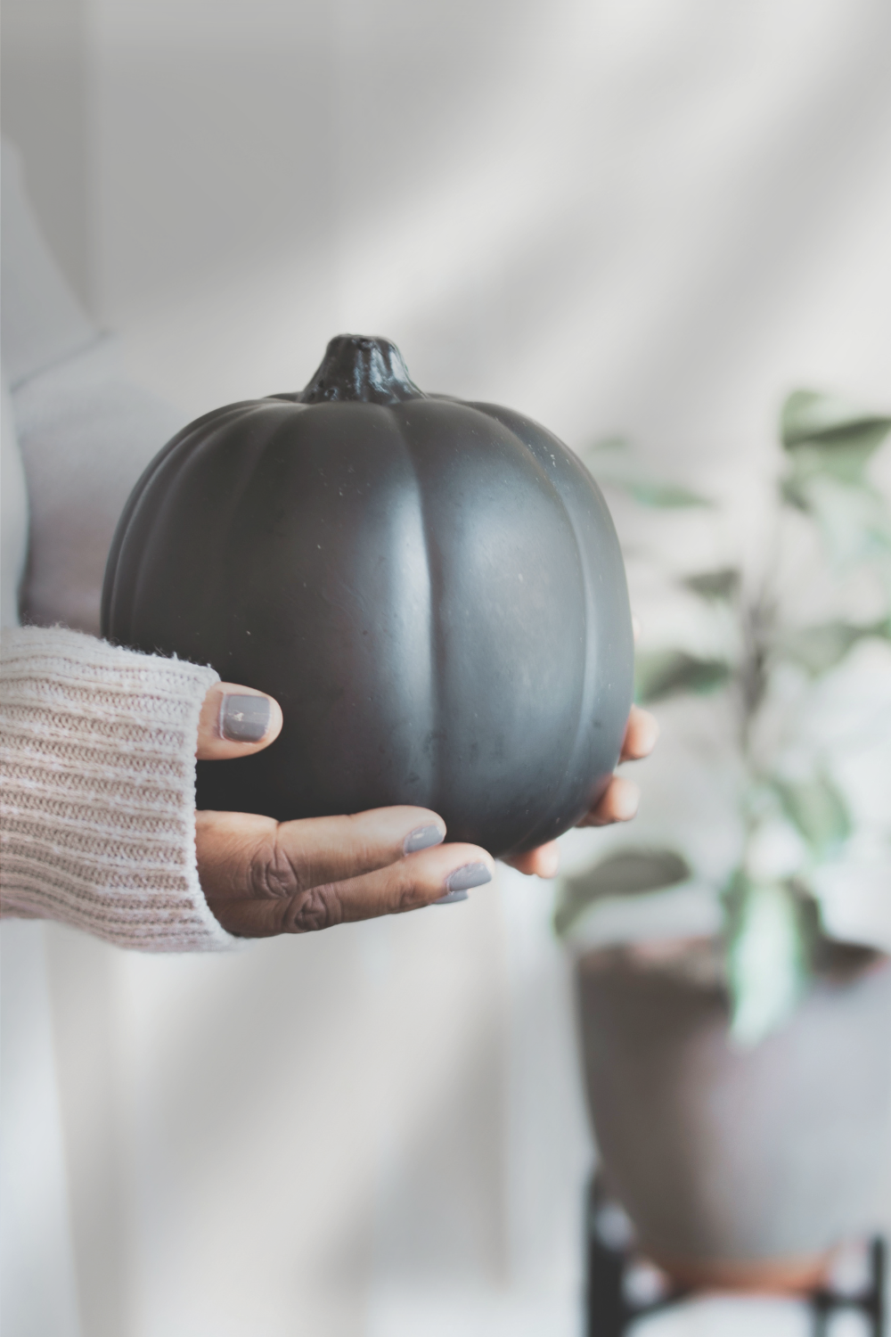 Fern the Geek holding a black pumpkin for fall decor, this geek life blog