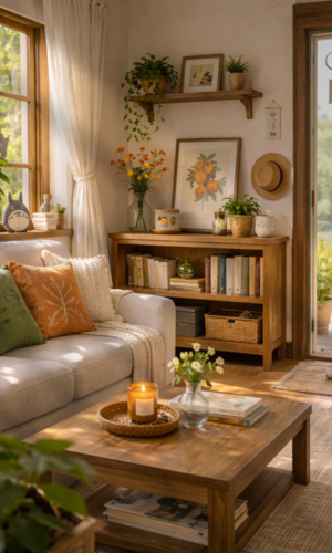 “Concept visual created with AI to bring this cozy geek space to life” A cozy Ghibli-inspired living room spring refresh, This Geek Life Blog