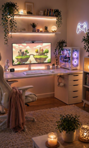 Building Games to Play Instead of Sims 4, A gaming room setup for cozy building games from This Geek Life Blog