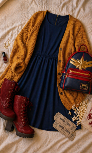 What to Wear to a Geek Movie Date Night Geek Movie Date Night OOTD flatlay, The Marvels movie inspired outfit from This Geek Life Blog
