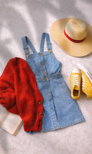 Luffy Inspired Closet Cosplay - blue denim dress, red cardigan, yellow sneakers, straw beach hat - from This Geek Life Blog