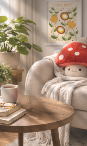 Your Summer Home Refresh: Bring Comfort, Creativity, and Personality to Your Geek Space A brighter lighter living room with inspired Mario wall art and a mushroom plushie for a summer home refresh, This Geek Life Blog