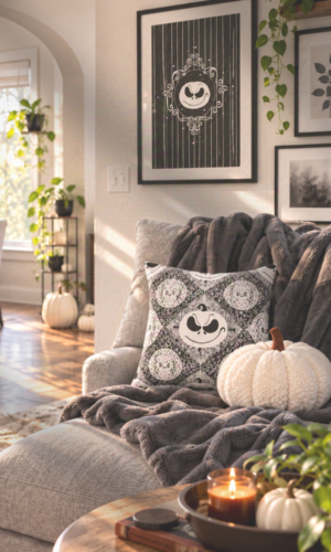 Fall for Your Fandom: Chic and Cozy Inspired Fall Home Decor Ideas Cozy Modern Fall living room with nightmare before christmas inspired decor