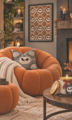 Shop your favorite fall and spooky season inspired artwork and cozy home decor at This Geek Life Shop The Nightmare Before Christmas-Inspired fall living room, This Geek Life Shop