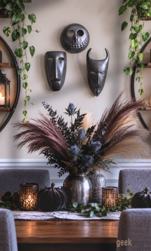 Fall Wall Decor: DIY Painted Mask Fall Wall Art Halloween Mask Wall Decor from This Geek Life Blog