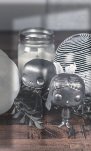 DIY Painted Funko Pops for Halloween Home Decor Jack and Sally Faux Metal Pops Fall Decor on This Geek Life Blog